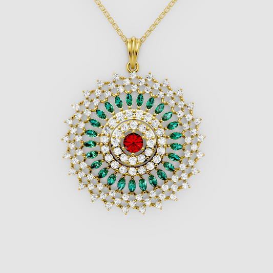 Imperia – 18K Gold Royal Rosette Medallion Pendant with Ruby, Emerald & Moissanite