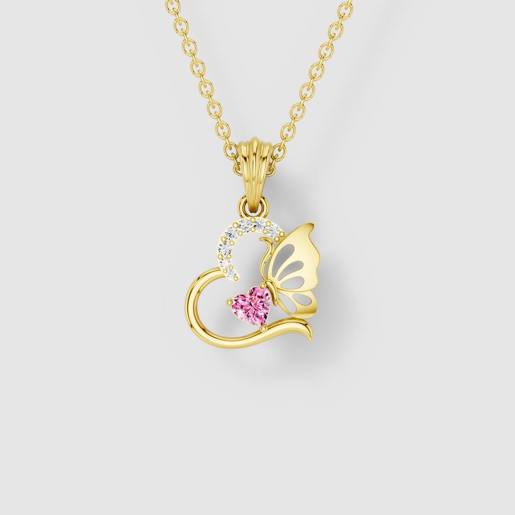 Samantha - Solid 18K Gold Heart-Cut Pink Topaz & Butterfly Drop Pendant"
