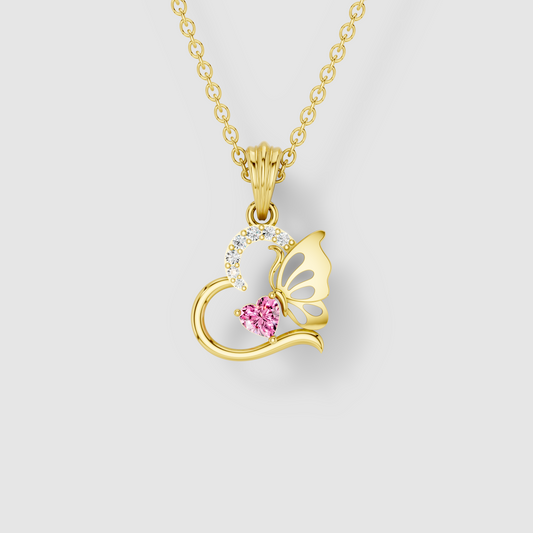 Samantha - Solid 18K Gold Heart-Cut Pink Topaz & Butterfly Drop Pendant"