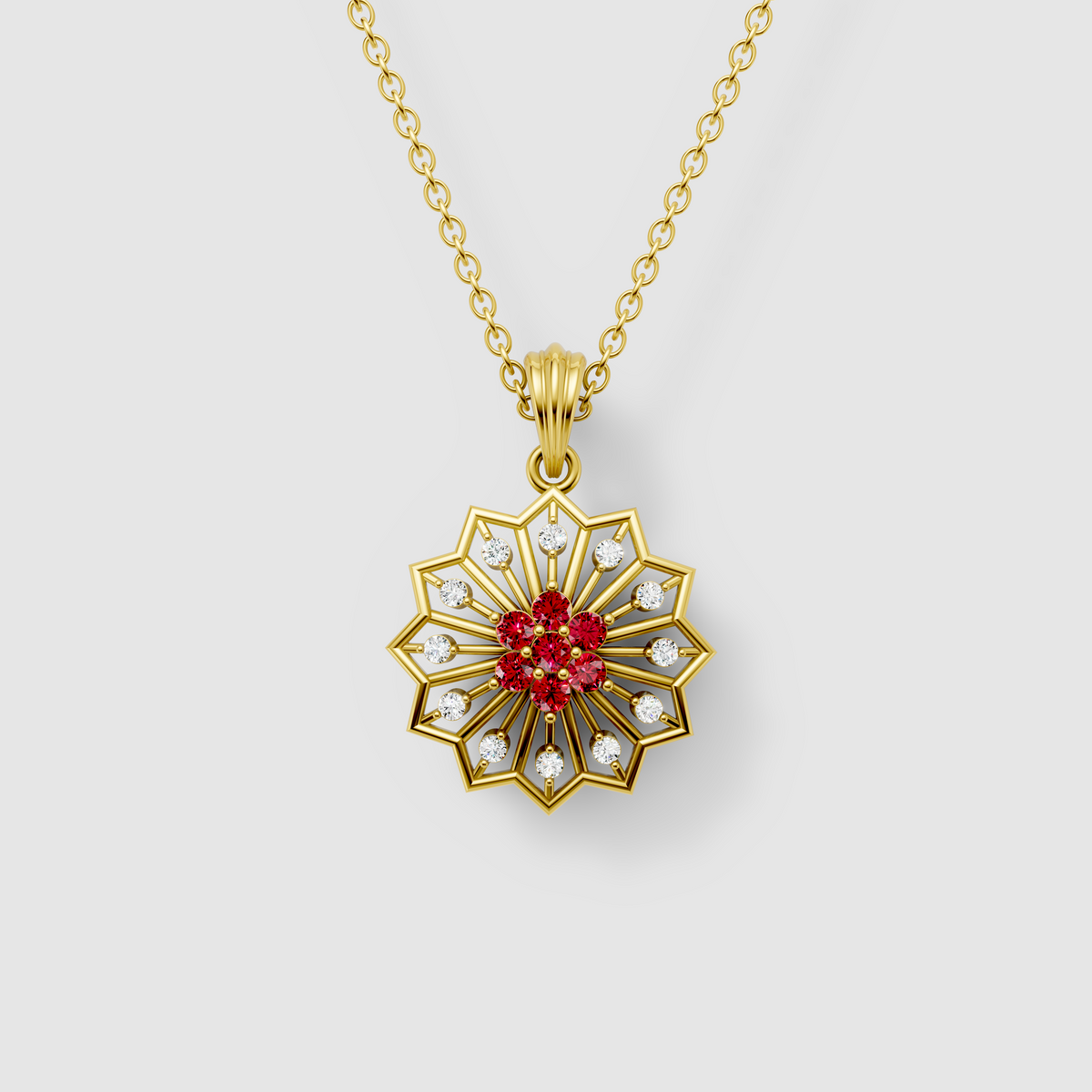 Michelle - Solid 18K Gold Ruby & Moissanite Geometric Starburst Medallion"