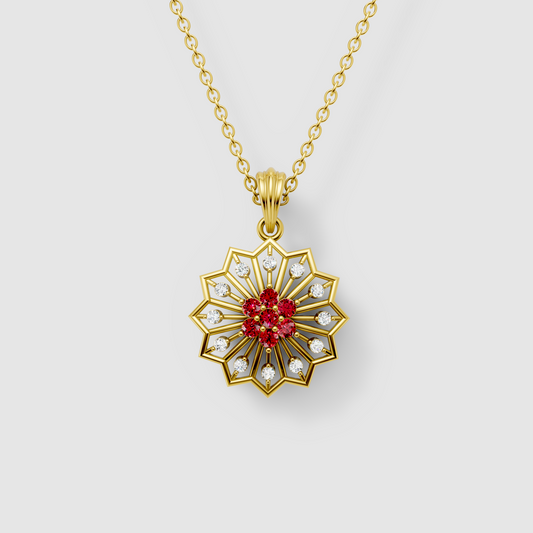 Michelle - Solid 18K Gold Ruby & Moissanite Geometric Starburst Medallion"