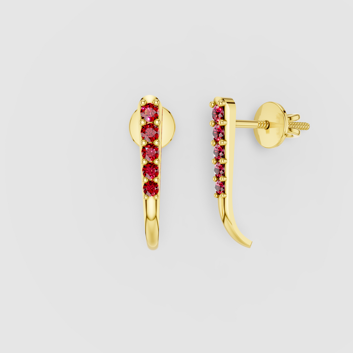 Mary - 18K Gold Ruby Vertical Bar Ear Climber Stud Earrings"