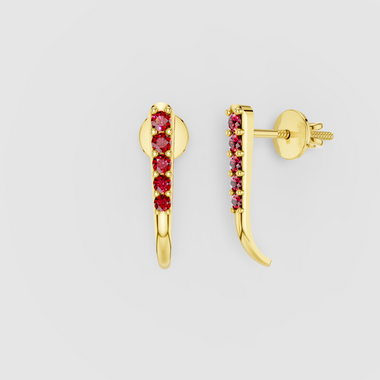 Mary - 18K Gold Ruby Vertical Bar Ear Climber Stud Earrings"