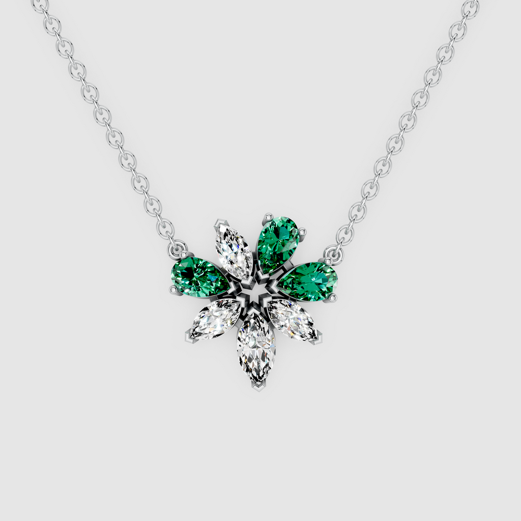 Blooming Chloe – Pear Cut Emerald & Marquise Moissanite Flower Pendant in 18KT Gold