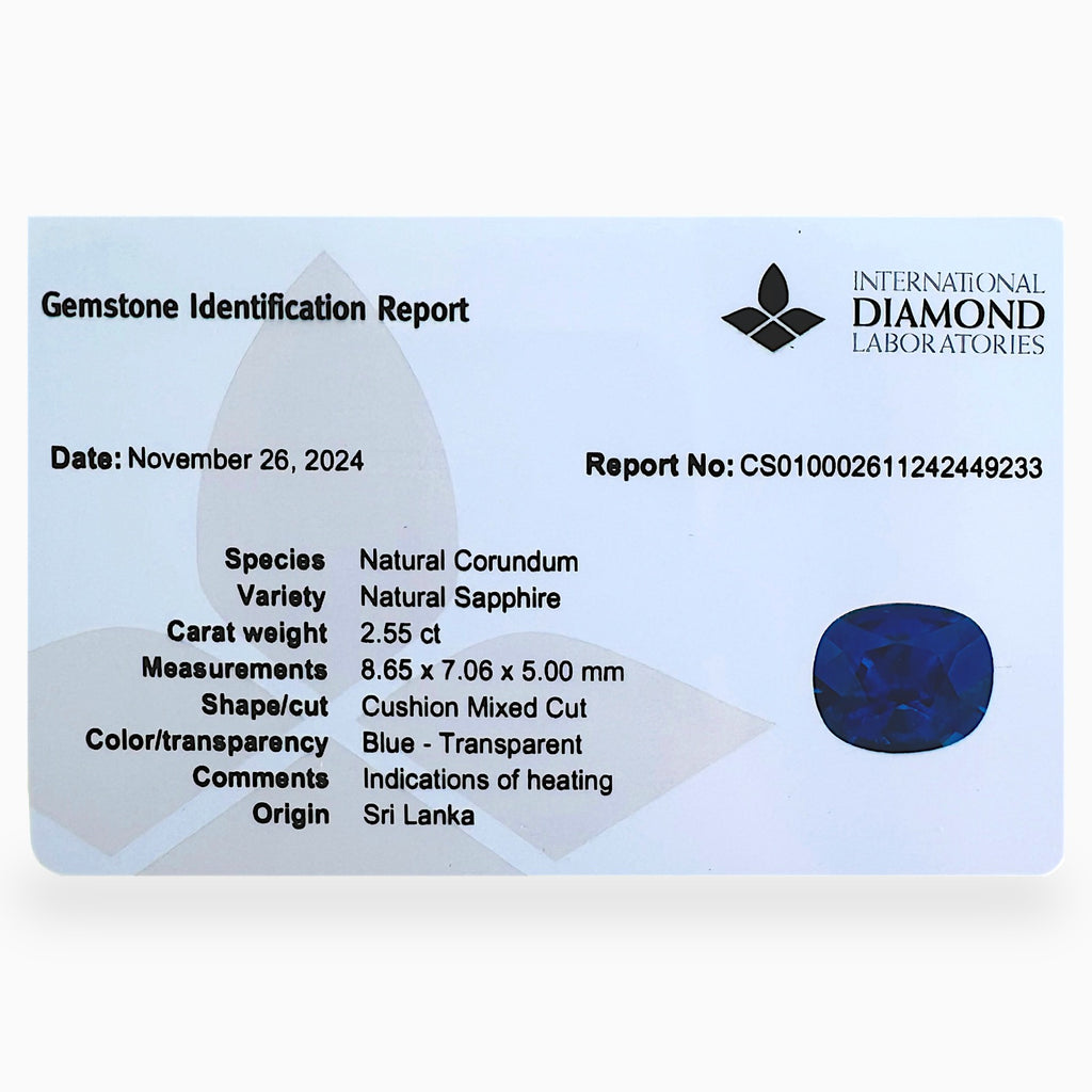 Natural Blue Sapphire Precious Stone Cushion Shape 2.55 Carats Size 8.65x7.06x5.00mm