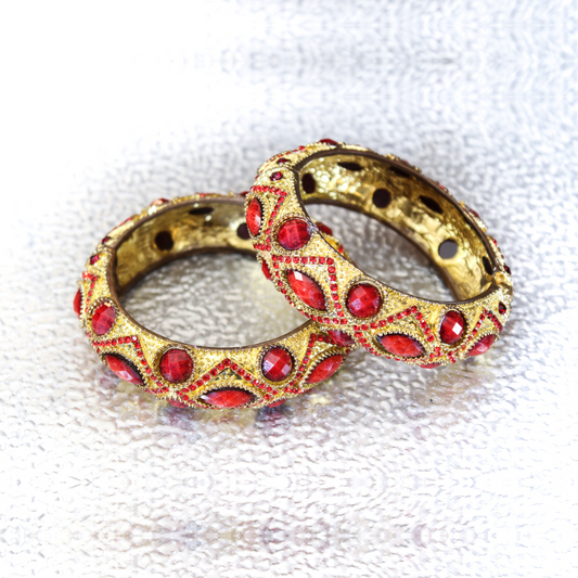 Natural Ruby (Manik) with 18K Gold Set of Two Bangles for Women (EAR0999)