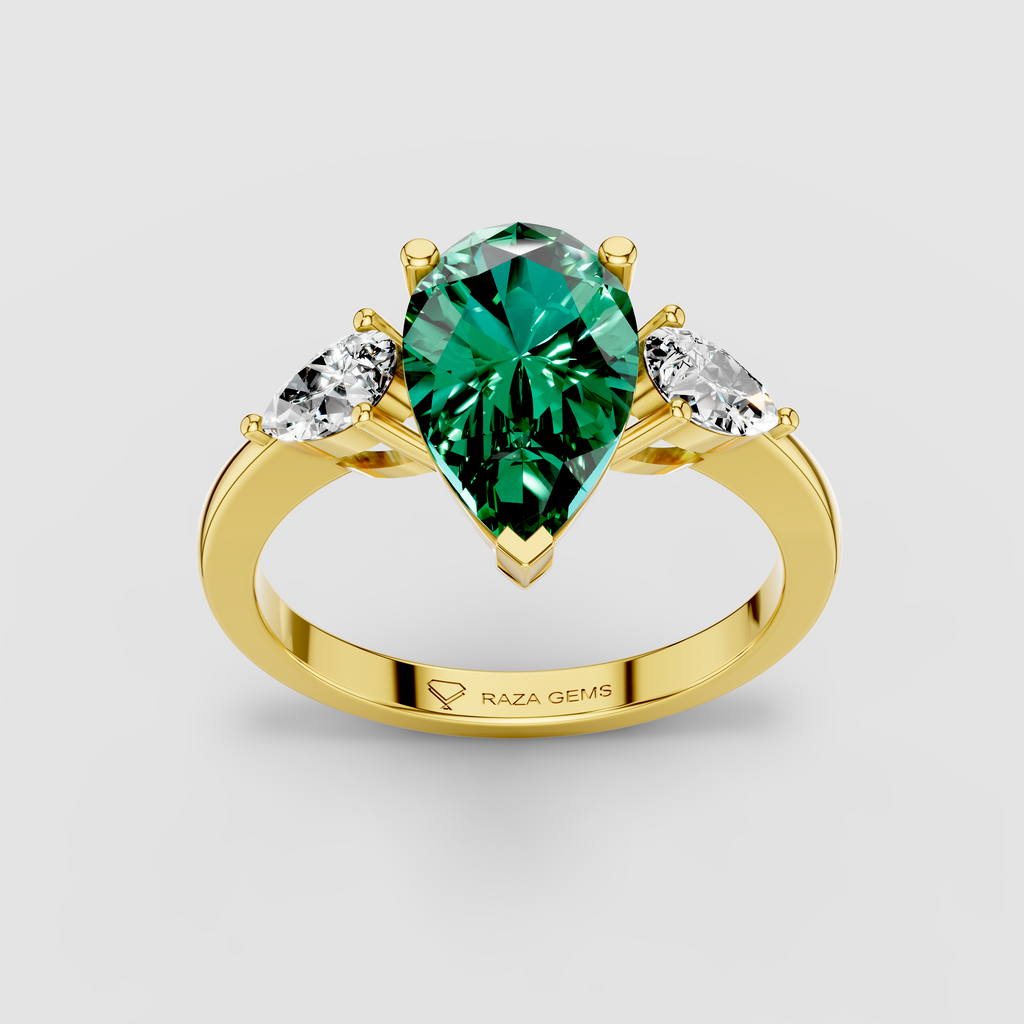Sophia - Solid 18K Gold Pear Emerald with Pear Moissanite Side Stones