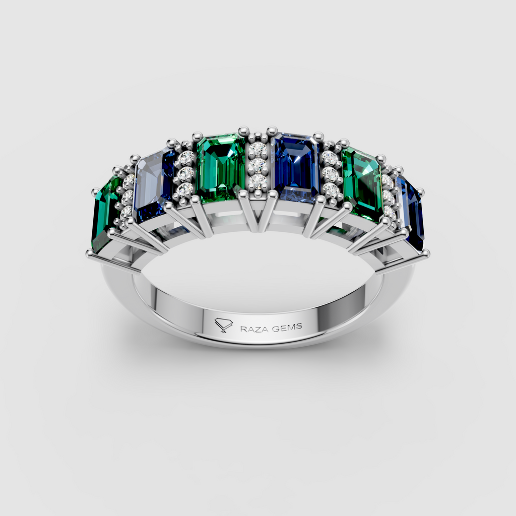 Evelyn - 18K Gold Emerald-Cut Emerald & Blue Sapphire Moissanite Band