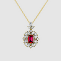 Vintage Charlotte – Emerald Cut Ruby Statement Pendant with Moissanite Sunburst Halo in 18KT Gold