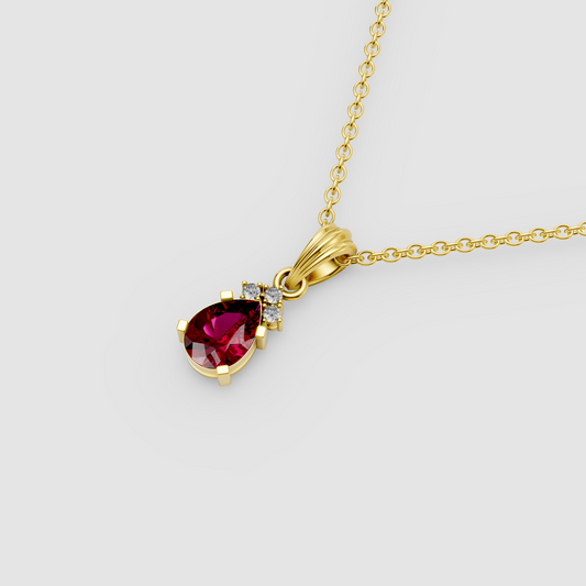 Lottie – Pear Ruby Solitaire Drop Pendant with Moissanite Accent in 18KT Gold