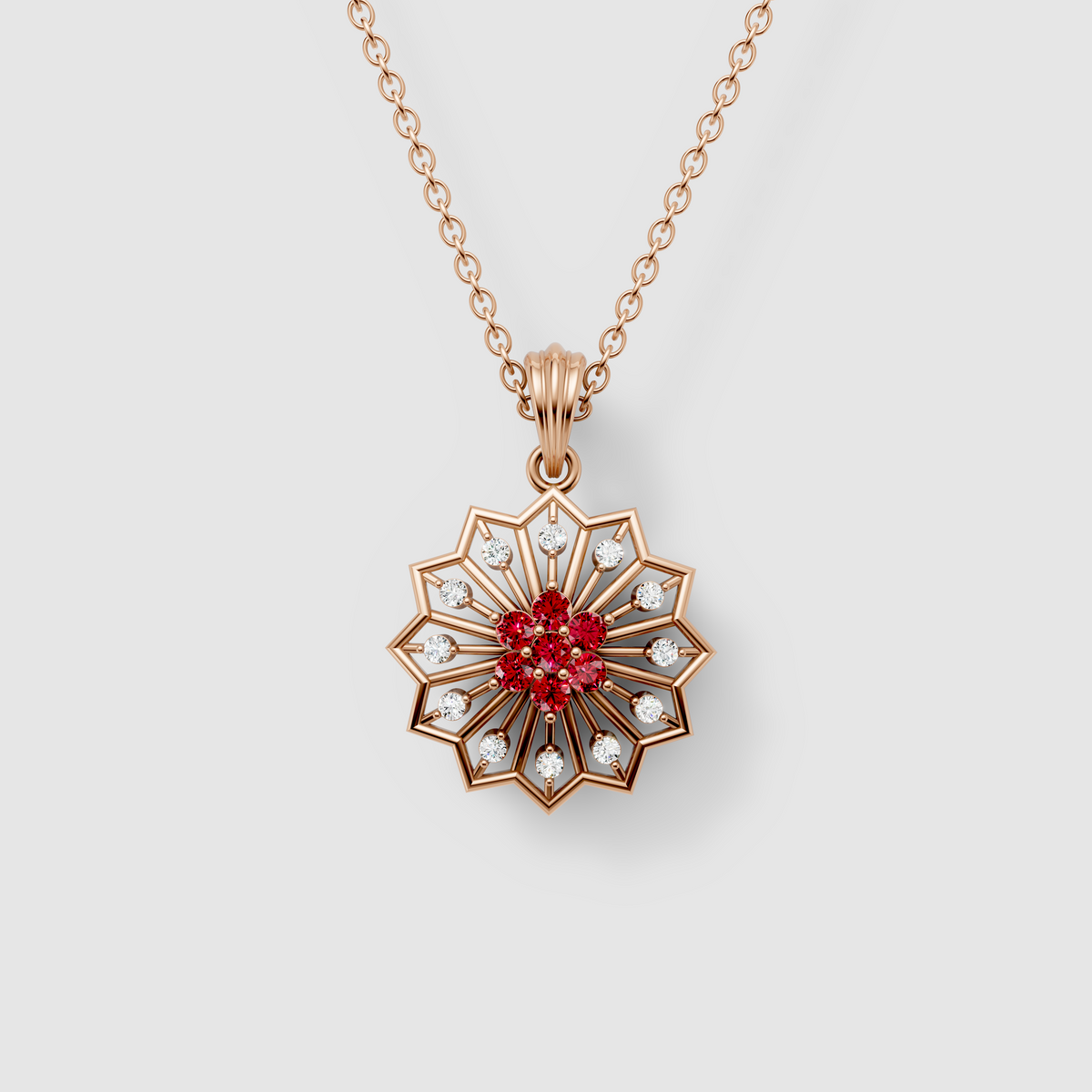 Michelle - Solid 18K Gold Ruby & Moissanite Geometric Starburst Medallion"