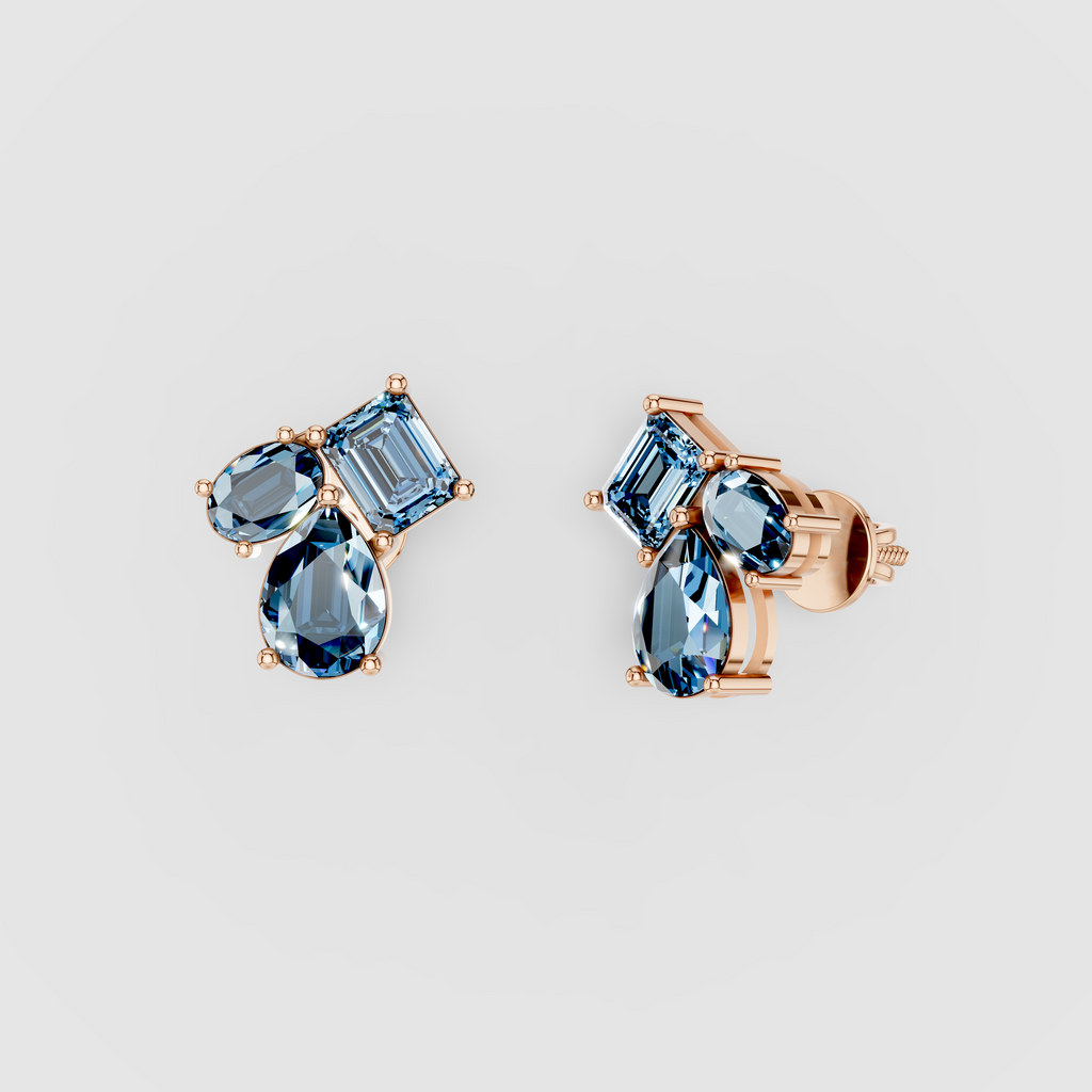 Jessica - 18K Gold Multi-Shape Aquamarine Cluster Stud Earrings"