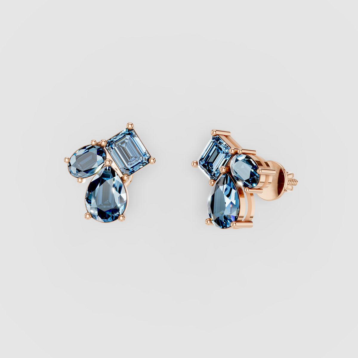 Jessica - 18K Gold Multi-Shape Aquamarine Cluster Stud Earrings"