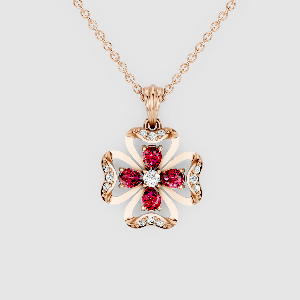 Hannah – 18K Gold Four-Leaf Clover Ruby & Moissanite Pendant