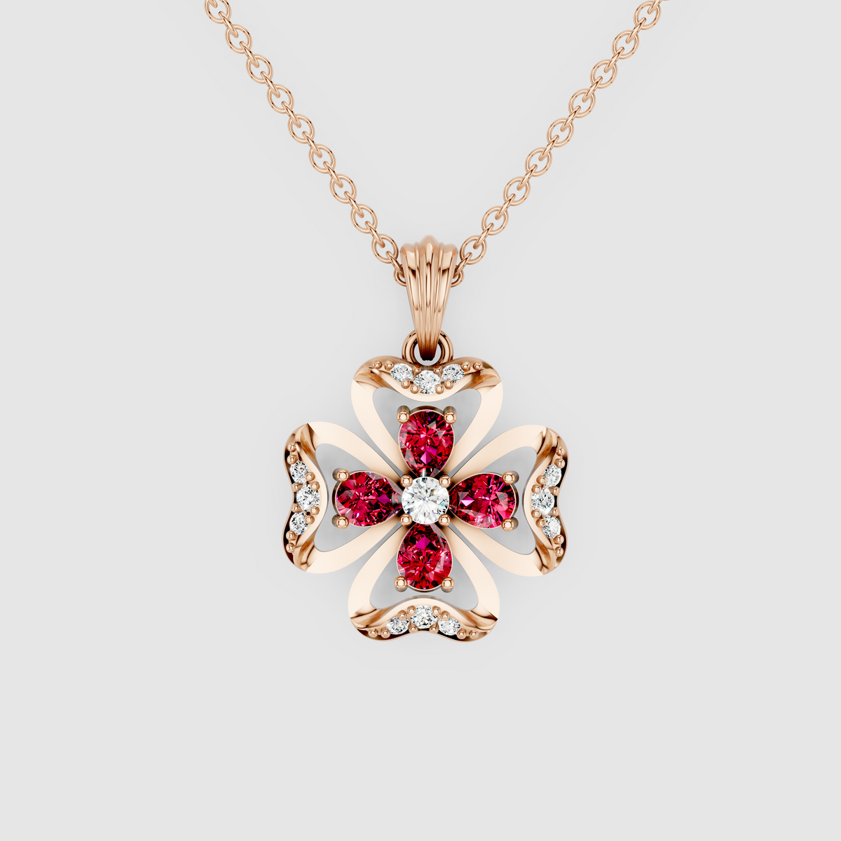 Hannah – 18K Gold Four-Leaf Clover Ruby & Moissanite Pendant