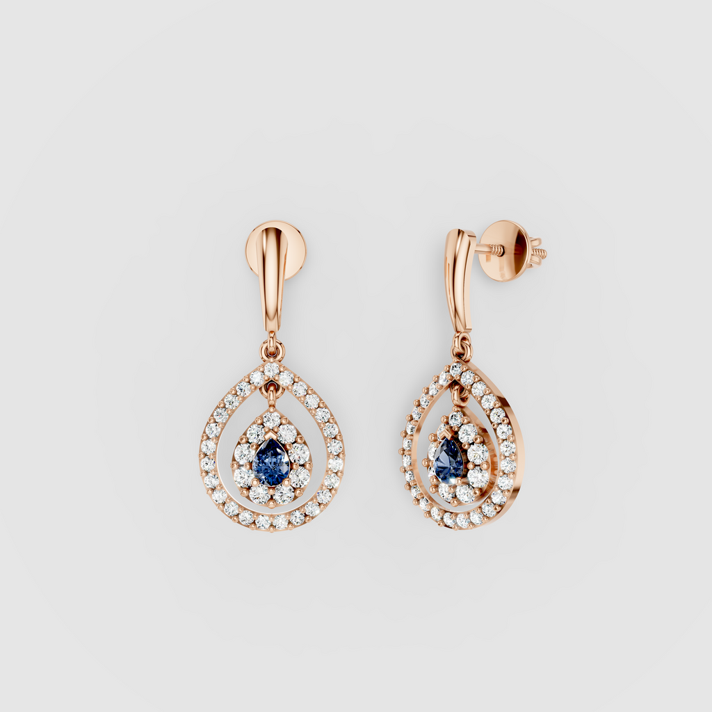 Linda - 18K Gold Pear Blue Sapphire & Double Moissanite Halo Teardrop Drop Earrings"