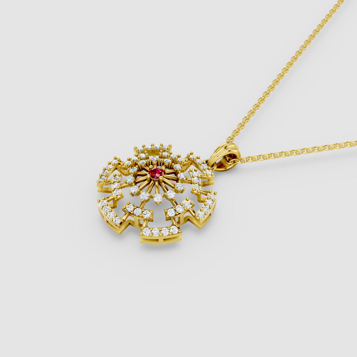 Arabella – Center Ruby Sunburst Wheel Pendant with Moissanite in 18KT Gold