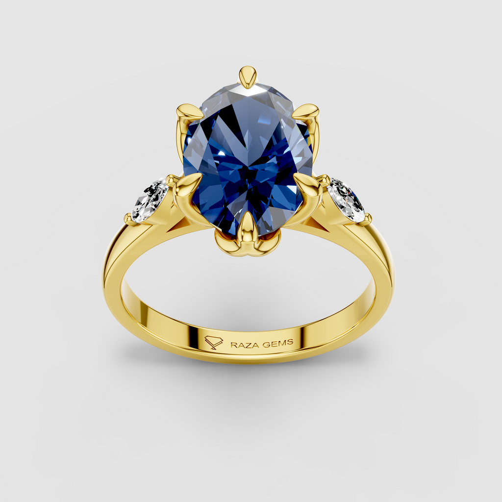 Charlotte - Solid 18K Gold Oval Blue Sapphire with Marquise Moissanite Side Stones"