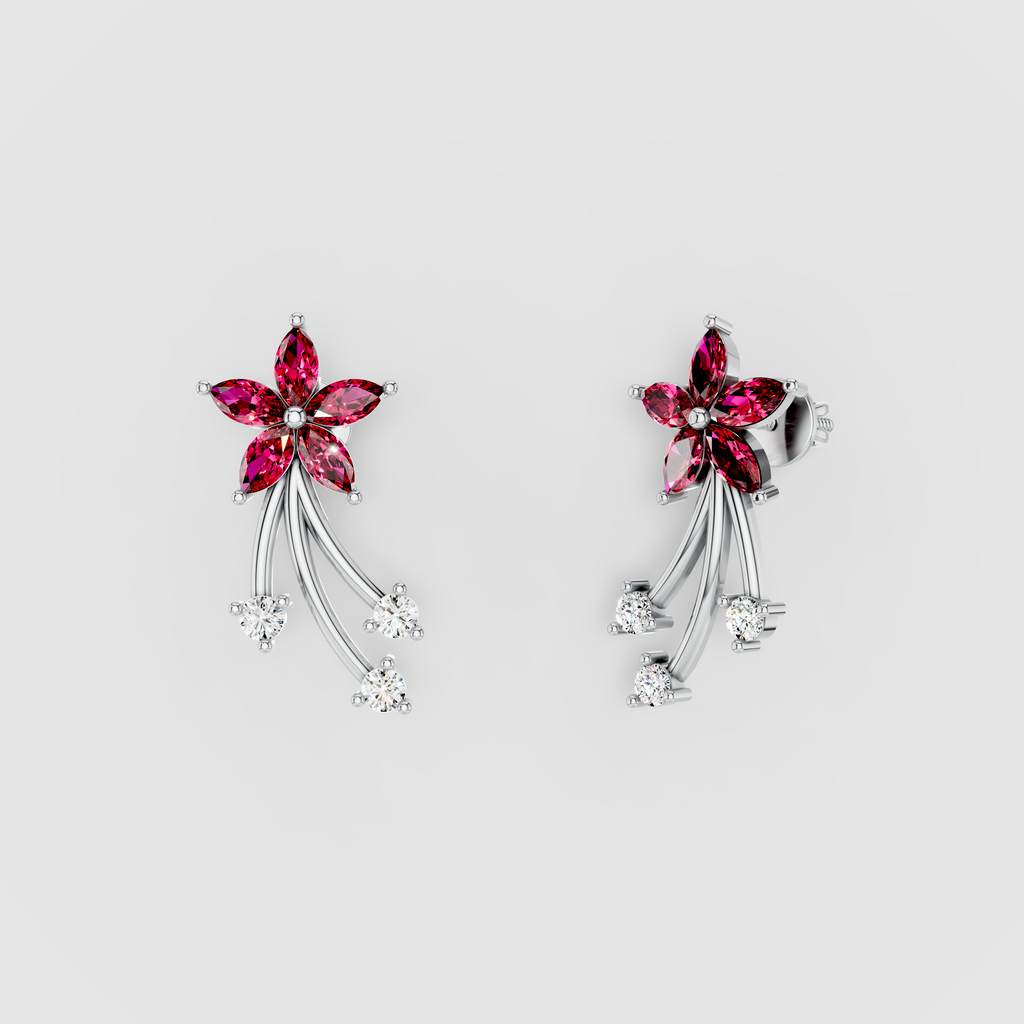 Sandra - 18K Gold Ruby Flower & Cascading Moissanite Drop Earrings"