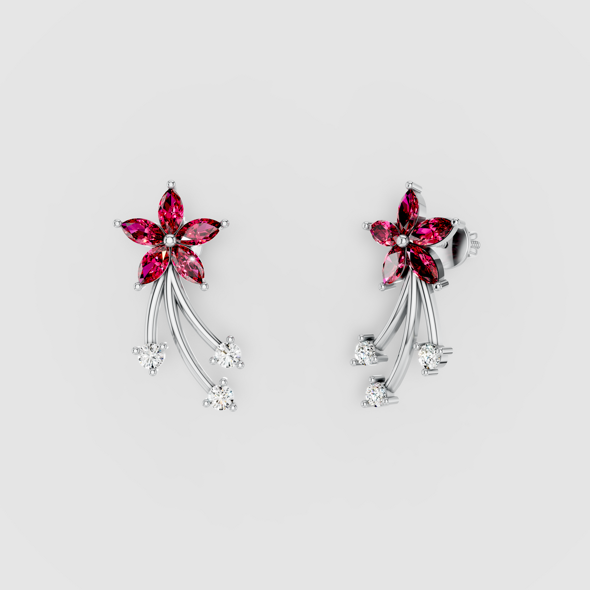 Sandra - 18K Gold Ruby Flower & Cascading Moissanite Drop Earrings"