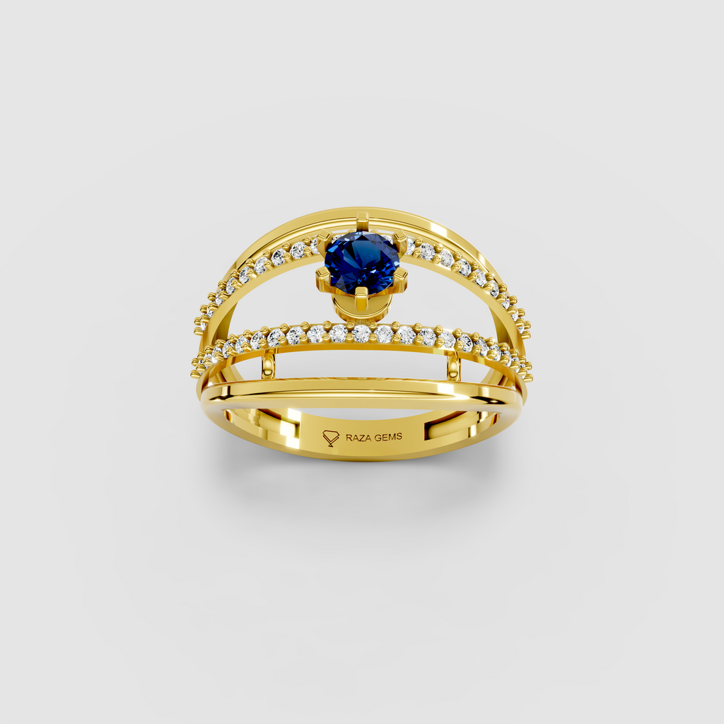 Evelyn – Round Blue Sapphire & Moissanite Double Pavé Band Ring in 18KT Gold