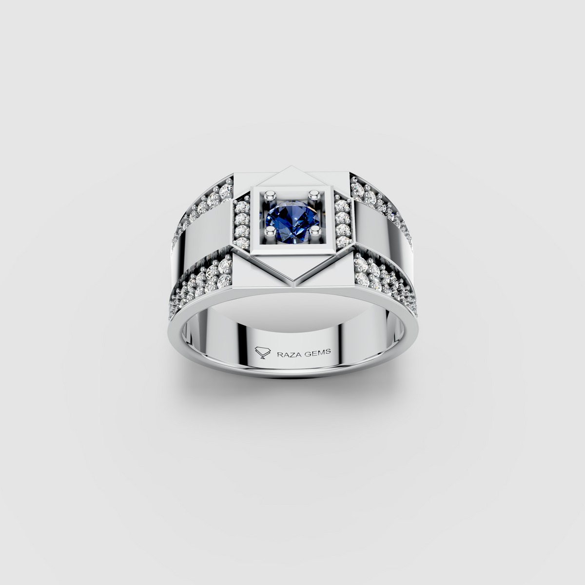 Hazel - Solid 18K Gold Blue Sapphire Square Focal & Pavé Moissanite Band