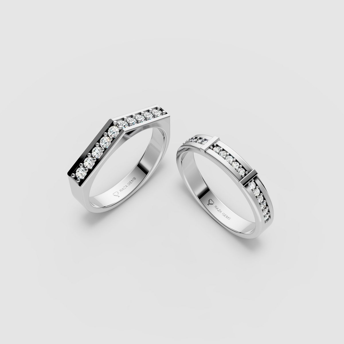 Isabelle – 18K Solid Gold Moissanite Chevron & Channel Couple Band Set