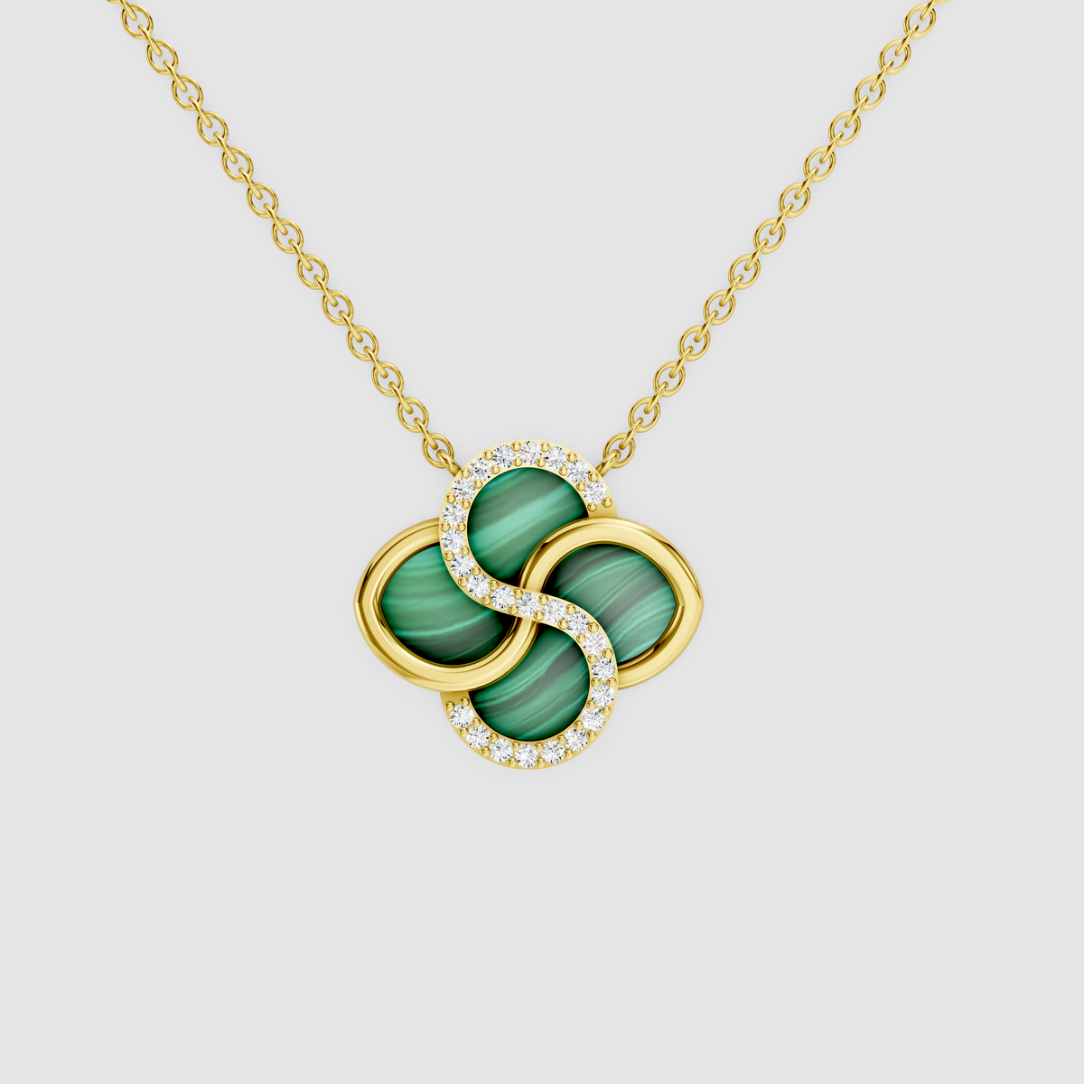 Celestia – 18K Gold Malachite Four-Petal Pinwheel Pendant with Moissanite Swirl