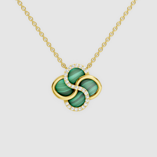 Celestia – 18K Gold Malachite Four-Petal Pinwheel Pendant with Moissanite Swirl