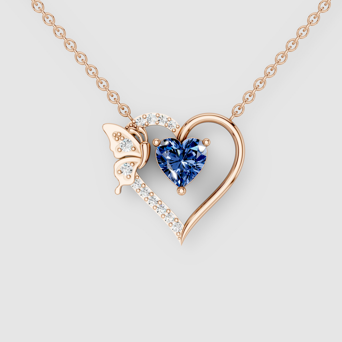 Anna - Solid 18K Gold Heart-Cut Blue Sapphire & Butterfly Drop Pendant"