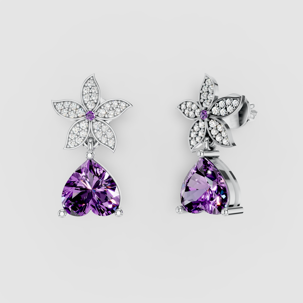 Emma - Regal Bloom 18K Gold Amethyst Heart and Sparkling Moissanite Dangle Earrings