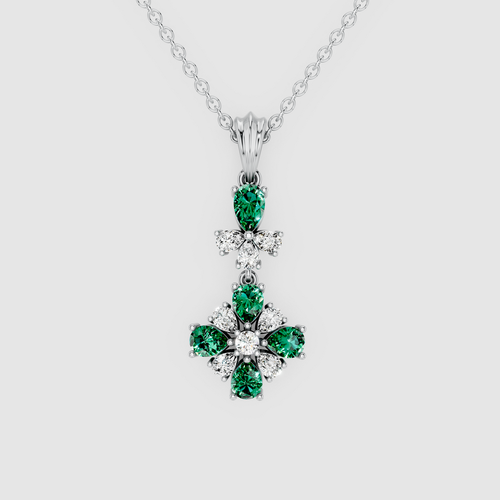 Regal Maya – Vintage-Inspired Emerald & Moissanite Cluster Drop Pendant in 18KT Gold