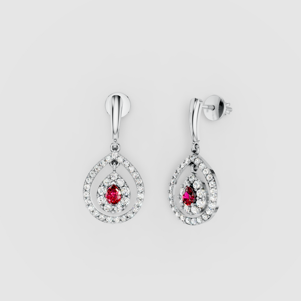 Jennifer - 18K Gold Pear Ruby & Double Moissanite Halo Teardrop Drop Earrings"