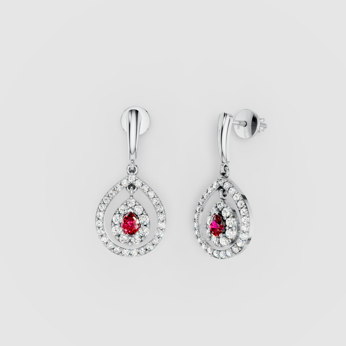 Jennifer - 18K Gold Pear Ruby & Double Moissanite Halo Teardrop Drop Earrings"