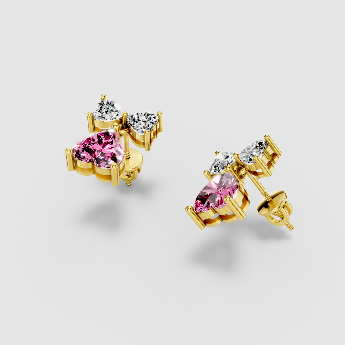 Cynthia - Solid 18K Gold Heart-Cut Pink Sapphire & Moissanite Dangle Earrings"