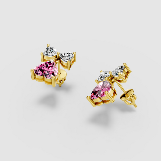Cynthia - Solid 18K Gold Heart-Cut Pink Sapphire & Moissanite Dangle Earrings"