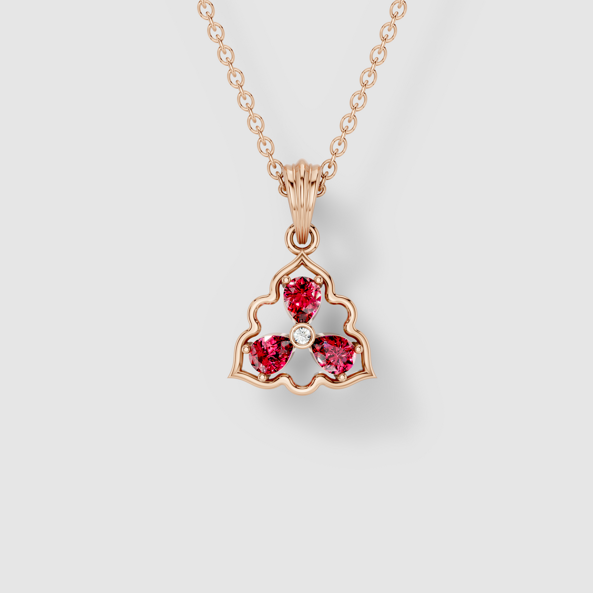 Pamela - Solid 18K Gold Three-Stone Pear Ruby & Moissanite Cluster Pendant"