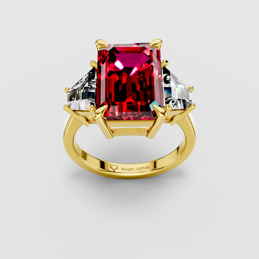 Olivia - 18K Gold Three-Stone Ruby & Moissanite Engagement Ring"
