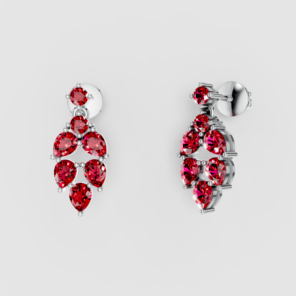 Nicole - Solid 18K Gold Pear & Round Ruby Cluster Dangle Earrings"
