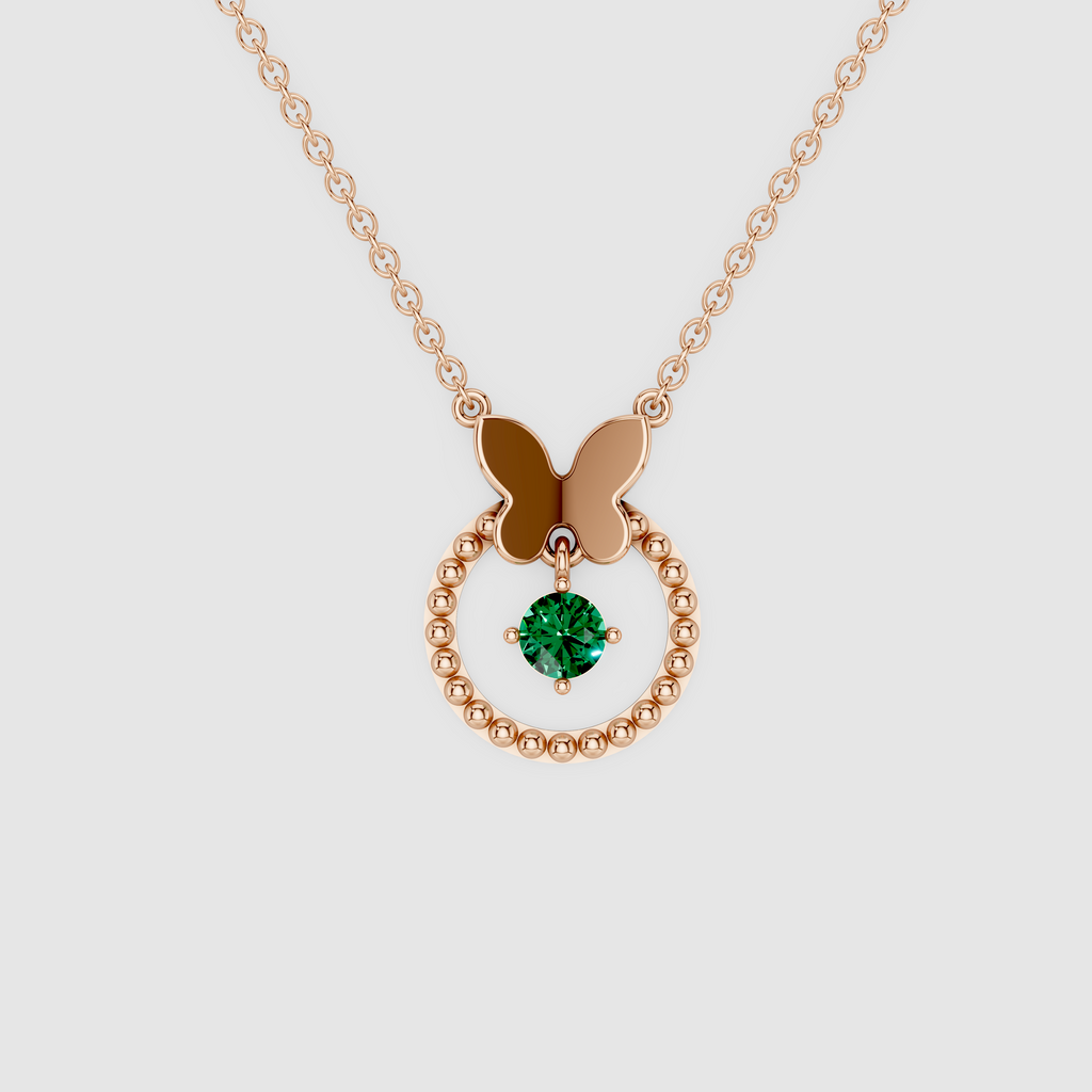 Bella – 18K Gold Butterfly & Beaded Circle Pendant with Hanging Emerald