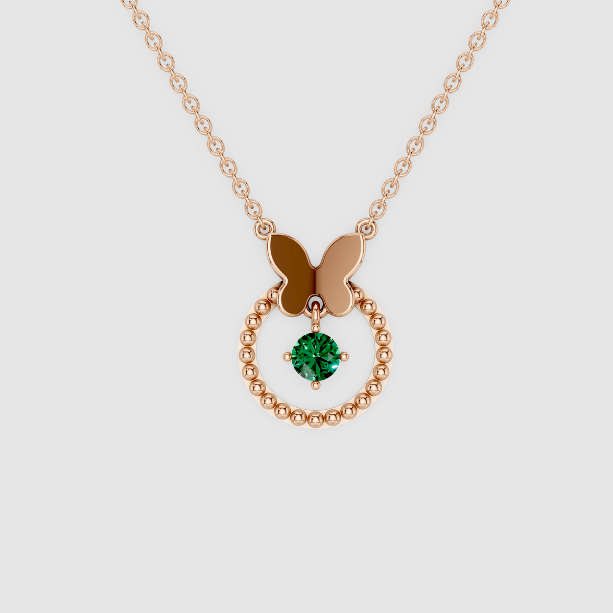 Bella – 18K Gold Butterfly & Beaded Circle Pendant with Hanging Emerald