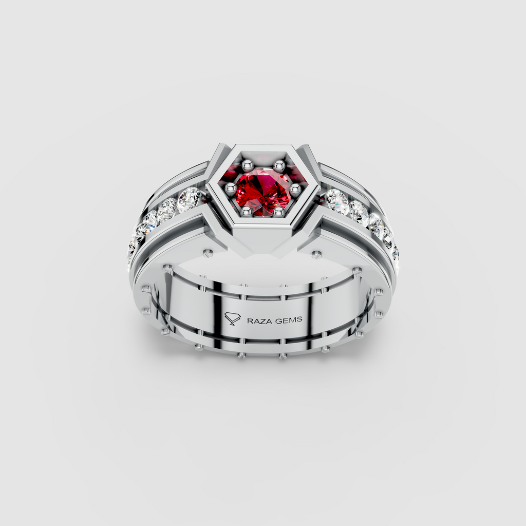 Daisy - 18K Gold Bezel Red Garnet & Moissanite Channel Signet Ring