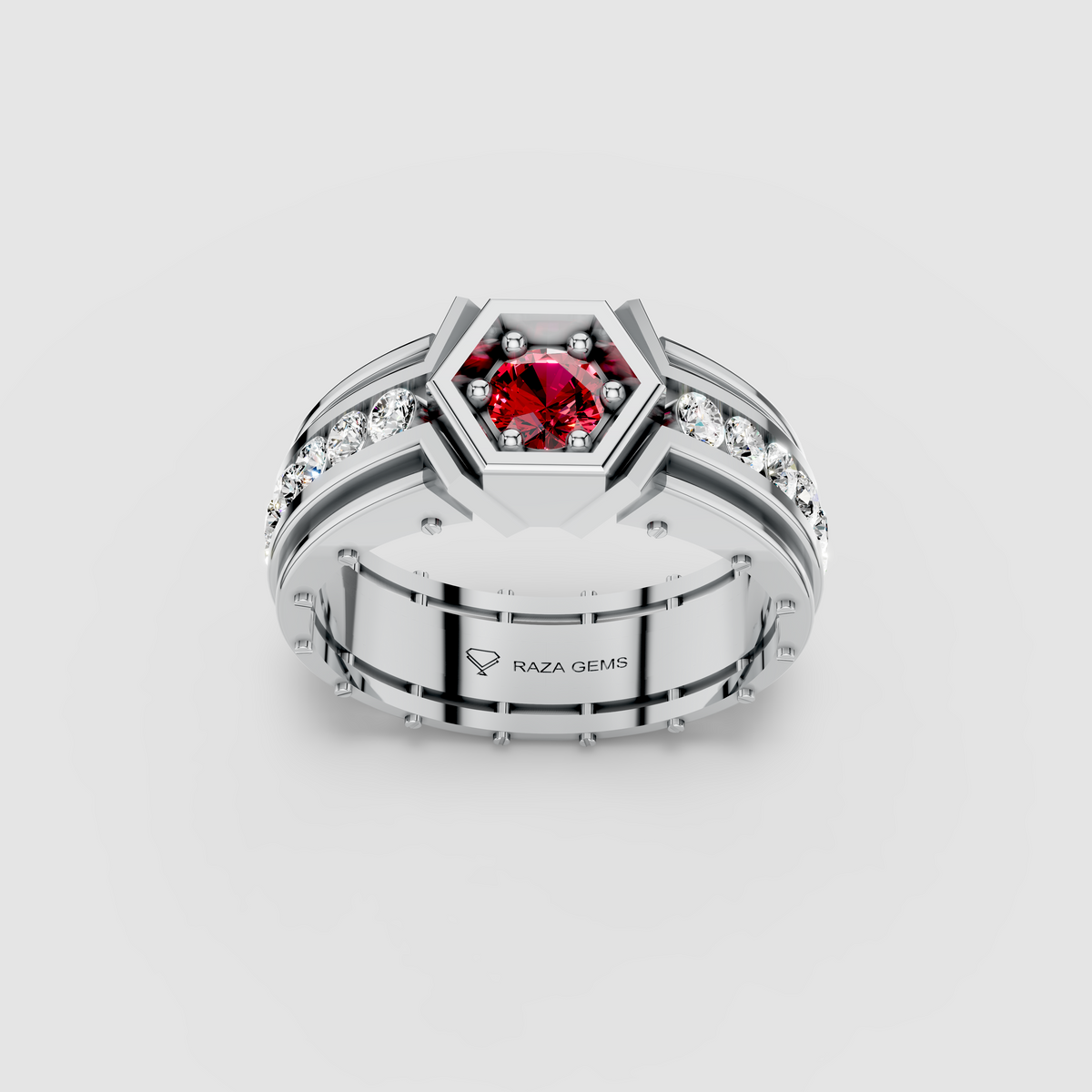 Daisy - 18K Gold Bezel Red Garnet & Moissanite Channel Signet Ring