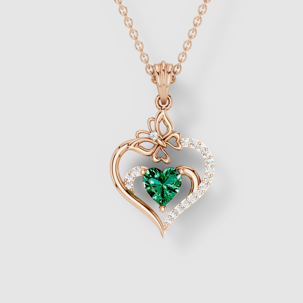 Olivia - 18K Gold Heart Emerald & Butterfly Moissanite Pendant (Pendant Only)"