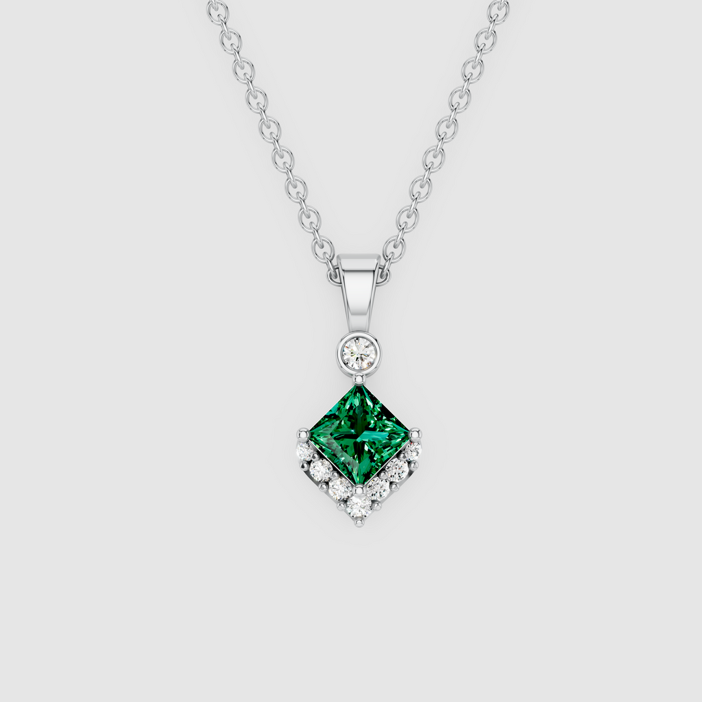 Princess Cut Emerald & Moissanite Pendant in 18K Solid Gold | Yellow, White, Rose Gold