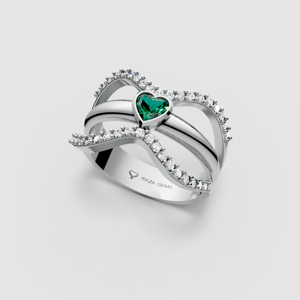 Imogen – 18K Solid Gold Heart Emerald & Moissanite Wide Band Ring