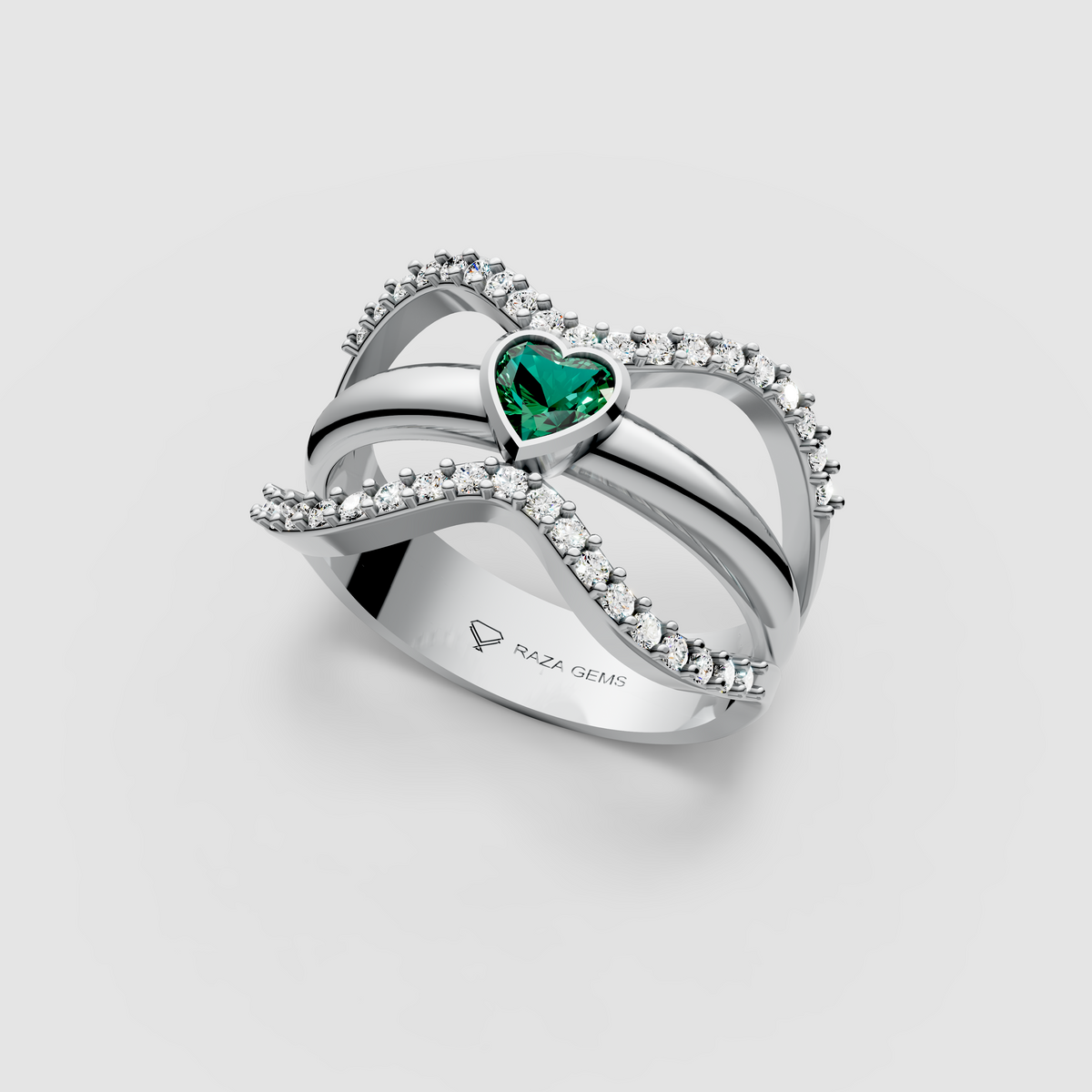 Imogen – 18K Solid Gold Heart Emerald & Moissanite Wide Band Ring