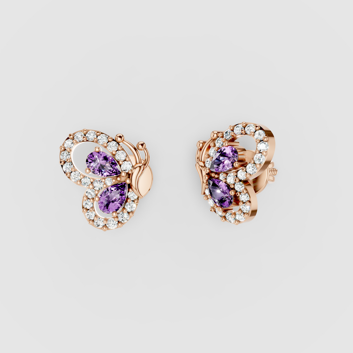 Anna - 18K Gold Pear Amethyst & Moissanite Halo Butterfly Stud Earrings"