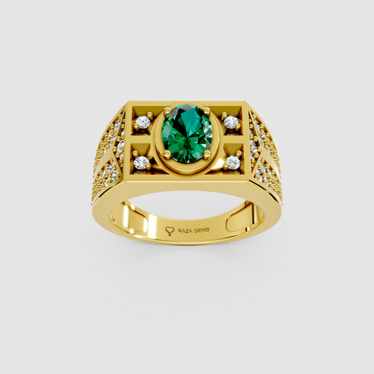 Arabella – Oval Emerald Men's Ring with Moissanite Accents in 18KT Gold