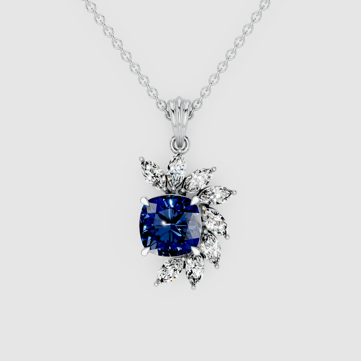 Diana – 18K Gold Cushion Blue Sapphire & Marquise Moissanite Cluster Pendant